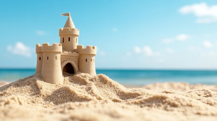 A sand castle is built on a beach with a blue sky in the background