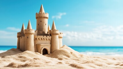 Fototapeta premium A sand castle is built on a beach with a blue sky in the background