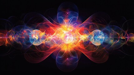 Mental creation and visualization, brain waves expanding to create, generate new thoughts and manifest in reality. Colorful swirls fire on dark background.