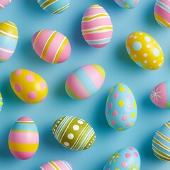 Obraz premium 2. Repeating pattern of decorated Easter eggs featuring vibrant stripes, dots, and dashes, pastel colors in pink, yellow, green, and blue, set against a light blue backdrop, flat design, commercial
