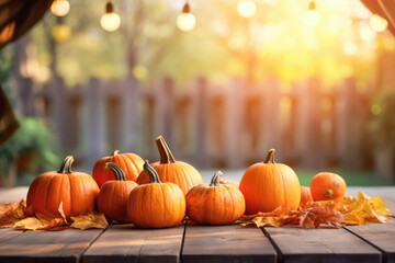 Obraz premium Thanksgiving or autumn scene with pumpkins and autumn leaves