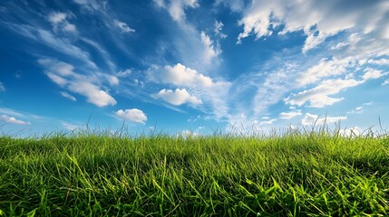 Early morning blue sky with lush green grass and clear open space for copy