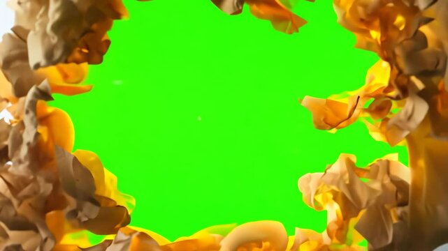 Paper background caught fire from the center, revealing a green screen on the back., exposing the bright green screen background.