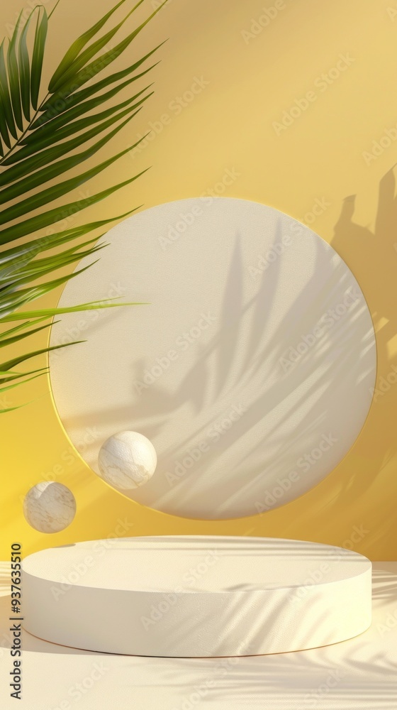 Leinwandbilder the bold yellow podium stands ready for a product launch, surrounded by playful shadows and floating