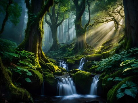 A mysteriously enchanting Black Forest-inspired landscape, teeming with lush foliage 