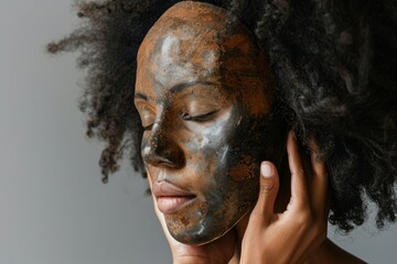 Fototapeta premium Woman with beauty mask on her face. Natural hair and serene expression. Skincare and self-care concept. Close-up shot for beauty blogs or wellness magazines. Generative AI