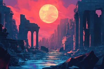 Ancient Ruins Under a Blood Red Moon