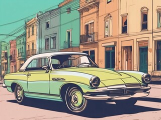 An illustration of a classic car parked on a street in a minimalist screen print