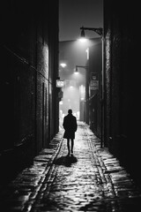 Silhouette of Person Walking in Dark Alley with Streetlight