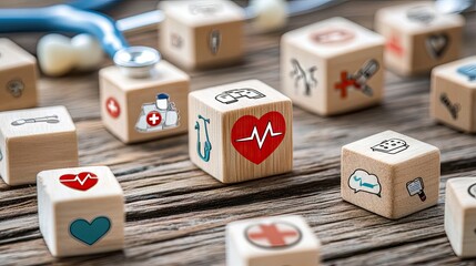 Health insurance concept with wood cubes featuring healthcare icons, arranged on a wooden background with room for a message.