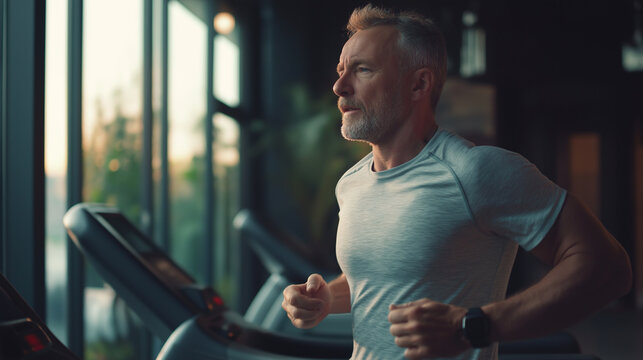 Portrait of middle-aged man exercising on treadmill happily looking at camera. Senior man exercising at gym. Health and fitness concept - Powered by Adobe