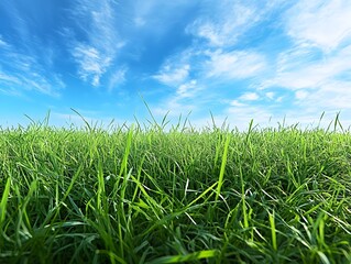 Fototapeta premium Early Morning Peaceful Green Meadow with Clear Blue Sky and Clouds Overhead
