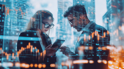 Business team working together in office at night technical price chart and indicators red and green candlestick chart stock trading business finance technology and investment concept