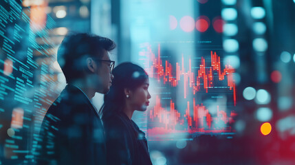 Business team working together in office at night technical price chart and indicators red and green candlestick chart stock trading business finance technology and investment concept