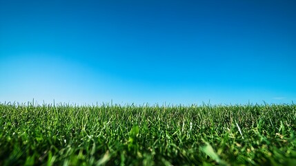 Obraz premium Serene early morning landscape with vast blue sky and green grass field