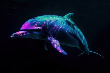 Naklejka premium Colorful dolphin swimming in dark water
