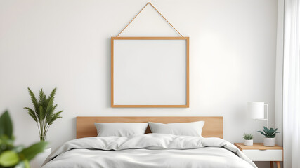 A mockup of a blank square photo frame hanging in the middle of bedroom. In the background is modern, minimalism, eco-friendly decoration wall in the middle of bedroom. 