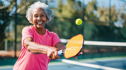 Senior Woman Playing Pickleball on Court