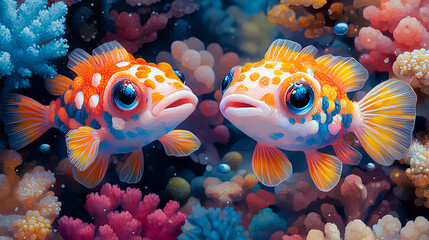 illustration detail print of two cute colorful baby puffer fish on nature background