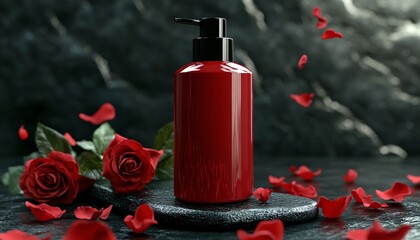 Deep Red Body Lotion Bottle on Black Slate Stone for Skincare Mockup