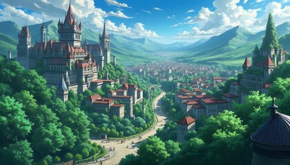 Fototapeta premium Overlooking a Bustling Valley Town