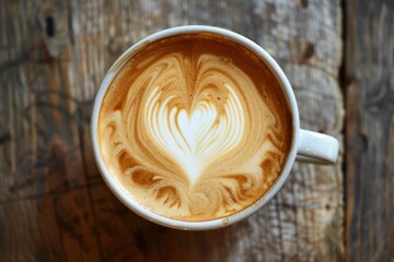 Elegant latte art in a coffee cup on rustic wooden table. Perfect for cafe promotions or coffee blogs. Captures essence of coffee culture. Generative AI.