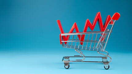 Shopping Trolley with Red Chart Falling: Shopping trolley next to a red chart showing a decline