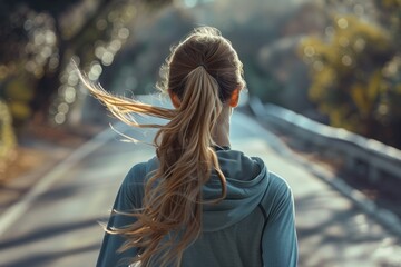 Beautiful Young Woman Running on Road. Young Athlete in Sports Jacket.