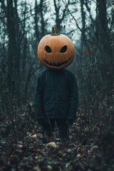 Mysterious Person Wearing Pumpkin Head in Forest