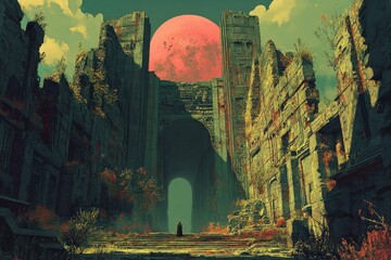 Obraz premium Solitary Figure Standing Before an Ancient Ruined Gateway Under a Large Red Moon