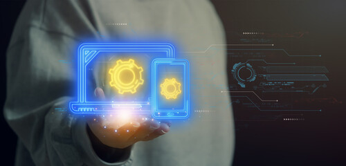 Devices icon, the global system of interconnected computer networks that uses the Internet protocol suite to communicate between networks and devices. Woman showing laptop and smartphone icon.