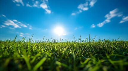 Fototapeta premium Peaceful Early Morning Landscape with Bright Blue Sky and Lush Green Grass