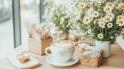 Obraz premium On the left side, there is a large window letting in natural light. In front of the window, there is a cup of coffee with heart-shaped latte art next to some beautifully arranged desserts.