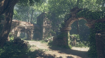 Ancient Stone Archway Entrance to Lush Forest