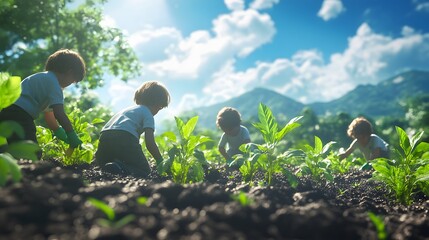 3D scene of children planting trees on a lush, clean earth, with vibrant greenery and blue skies in the background 