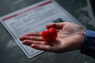 Cardiology concept  Red heart in palm on medical card.