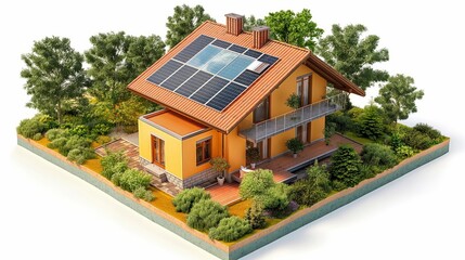 Yellow house with solar panels on the roof, surrounded by trees and bushes.