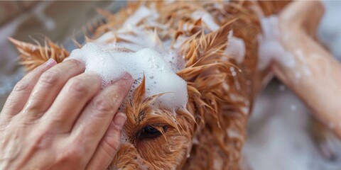 Naklejka premium A close-up of a dog getting washed in a bathtub. A hand is seen gently rubbing the dog's fur with soapy water.
