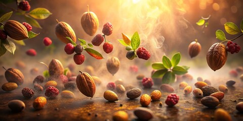 Cocoa-dusted berries suspended in wispy fog, softly illuminated, whisper secrets of serenity. Earthy tones mingle with mist, inviting viewers to enter a tranquil haven.