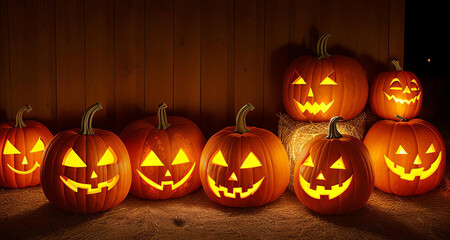 Obraz premium Cheerful Halloween Pumpkins with Glowing Faces – Festive Autumn Decoration