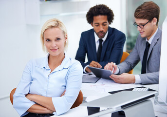 Obraz premium Portrait, meeting or confident businesswoman with arms crossed or legal team for court case or justice. Plan, coworking or proud lawyer in office with confidence at law firm by colleagues or attorney