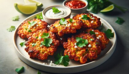 Fototapeta premium A plate of golden-brown Mexican cauliflower fritters, garnished with fresh cilantro and a sprinkle of queso fresco.