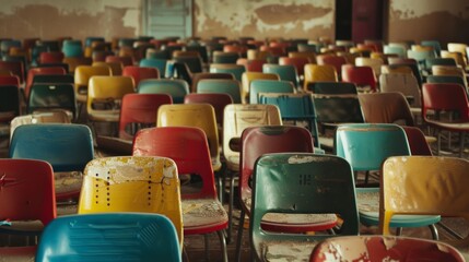 Fototapeta premium Rows of colorful, old, and peeling chairs fill a room that appears abandoned, evoking a sense of nostalgia and decay.