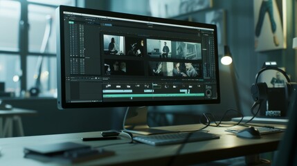 Naklejka premium A cluttered desk with a large monitor displays a photo editing software interface, suggesting a creative workspace bustling with digital media work.