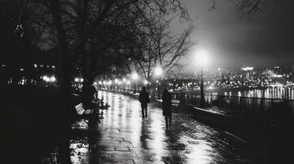 Rainy Night Walk in the City   Silhouette of Two People on a Wet Pavement with City Lights