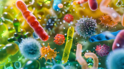 An abstract, colorful image of different microorganisms magnified, showing diverse shapes, sizes, and vibrant hues in a dynamic and lively composition.