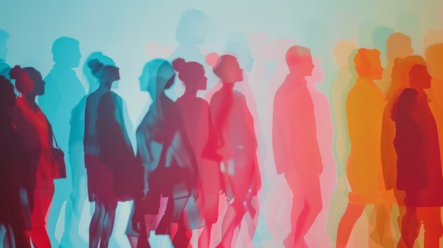 A vivid abstract image showing overlapping silhouettes of people in blue, red, and green hues, evoking a sense of movement and diversity.