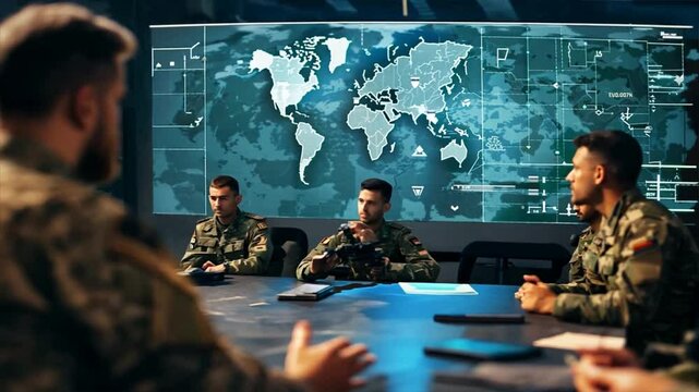 Military personnel strategize at a table with a world map screen, focusing on global operations and defense tactics.