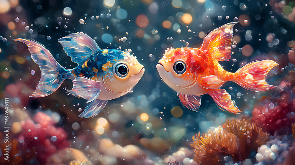 Wall mural illustration detail print of two cute colorful baby puffer fish on nature background