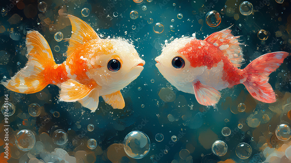 Wall mural illustration detail print of two cute colorful baby puffer fish on nature background